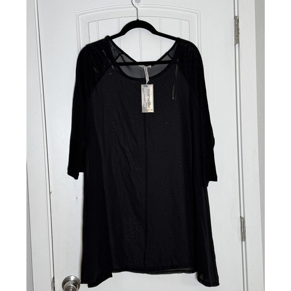 NEW Marseille Women's 1X Sheer Body Top with Linen Sleeves